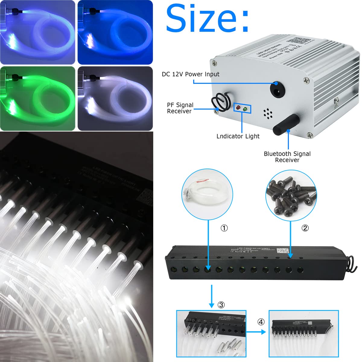 AZIMOM 10W RGBW Twinkle 450pcs Fiber Optic Starlight Lights with Meteor Shooting Star Kits Sound Activated 0.03in 9.8ft Fiber Strands Car Home Ceiling Roof Decor