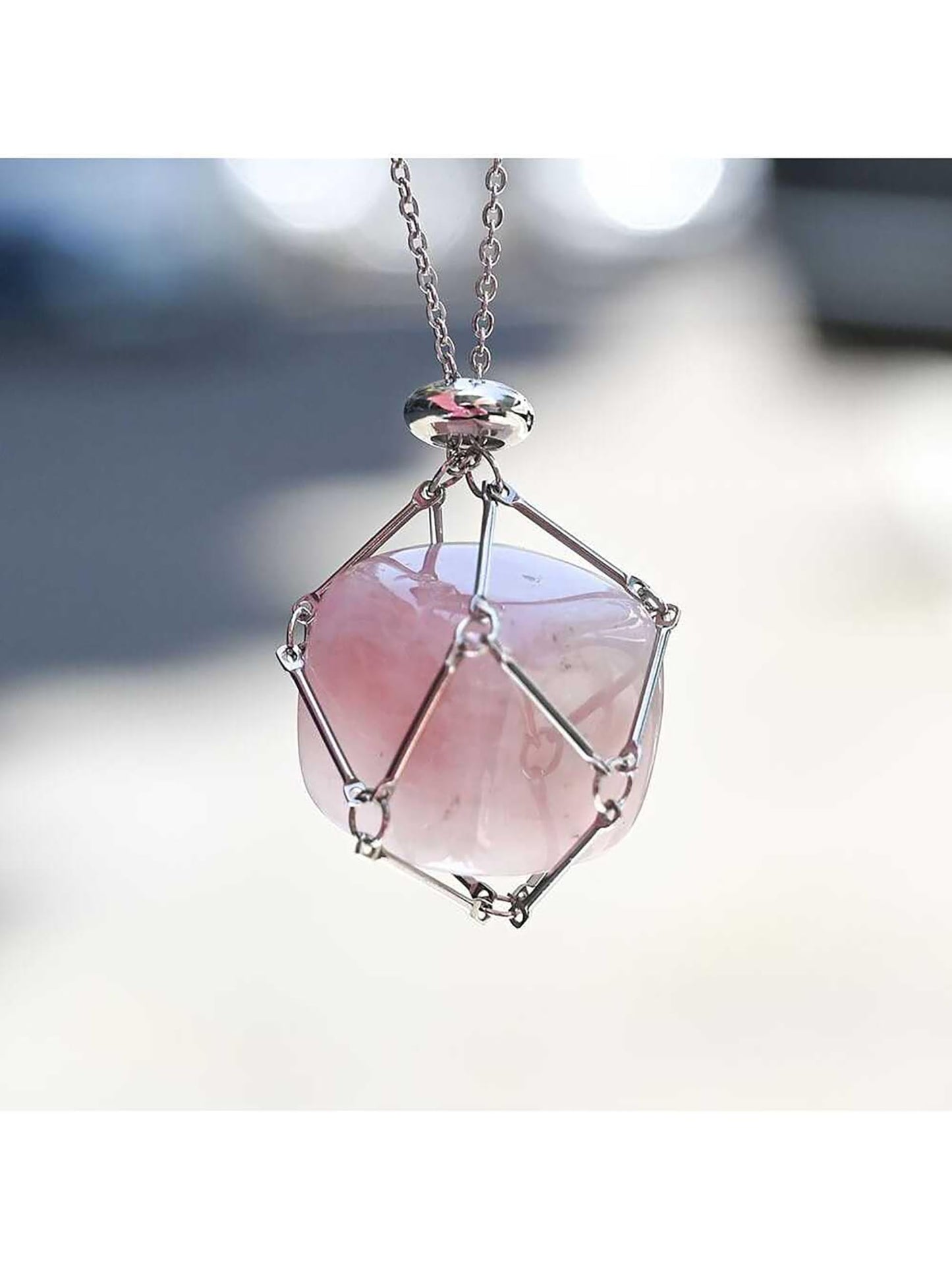 VLIEGEN Crystal Holder Necklace, Stainless Steel Cage for Stone, Adjustable Natural Crystal Cage, Quartz Natural Gemstone Jewelry for Women & Men (GoldSilver-Medium)
