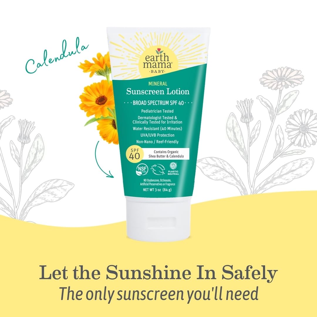 Earth Mama Baby Mineral Sunscreen Lotion SPF 40 | Non-Nano Zinc, Natural Water Resistant Sun Cream for Babies, Kids & Adults, 3-Ounce