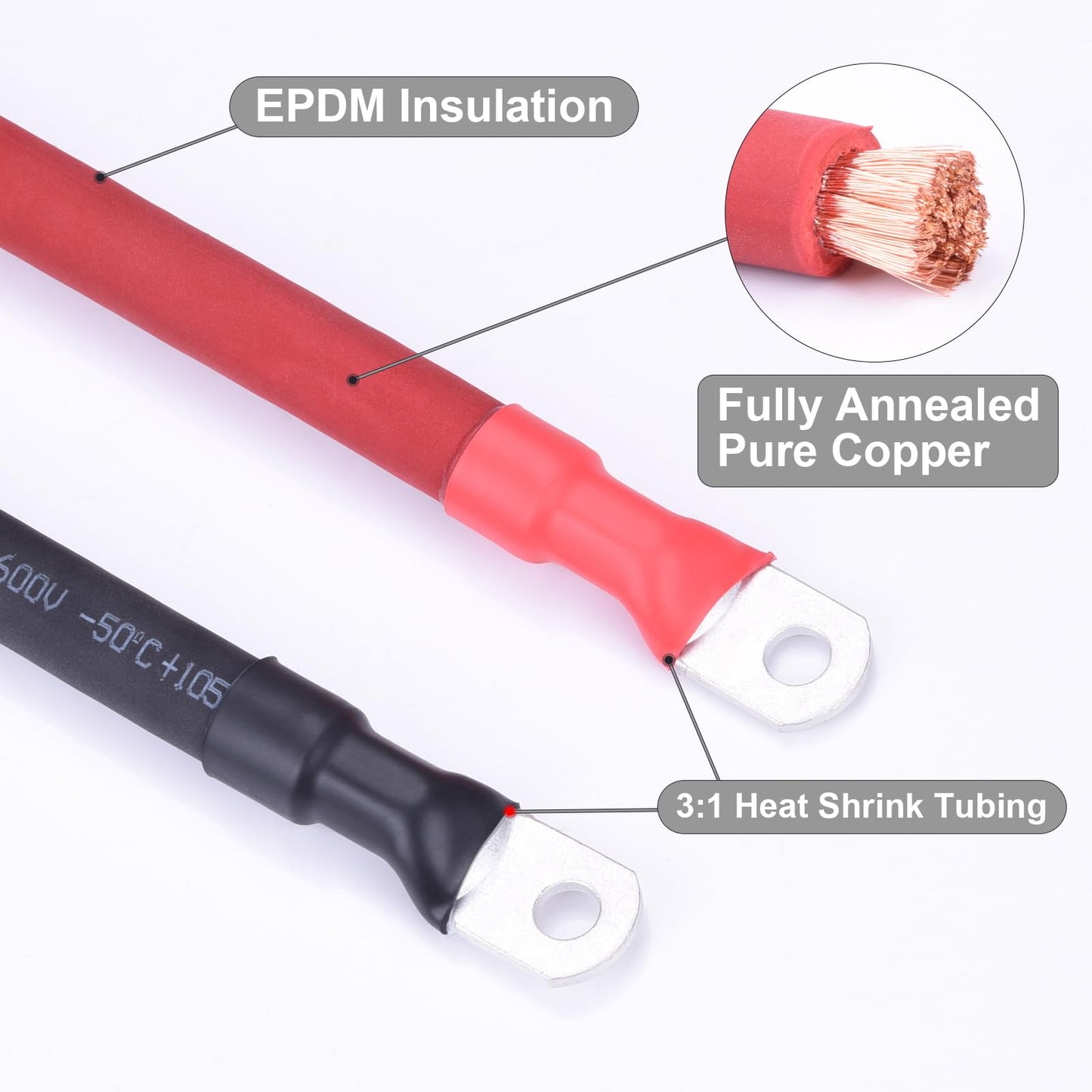 Shirbly 1/0 AWG Flexible Battery Cable with 3/8" Terminals - OFC Pure Copper Inverter & Welding Wire for Automotive Solar RV Motorcycle (Red + Black 1.5FT Pair)