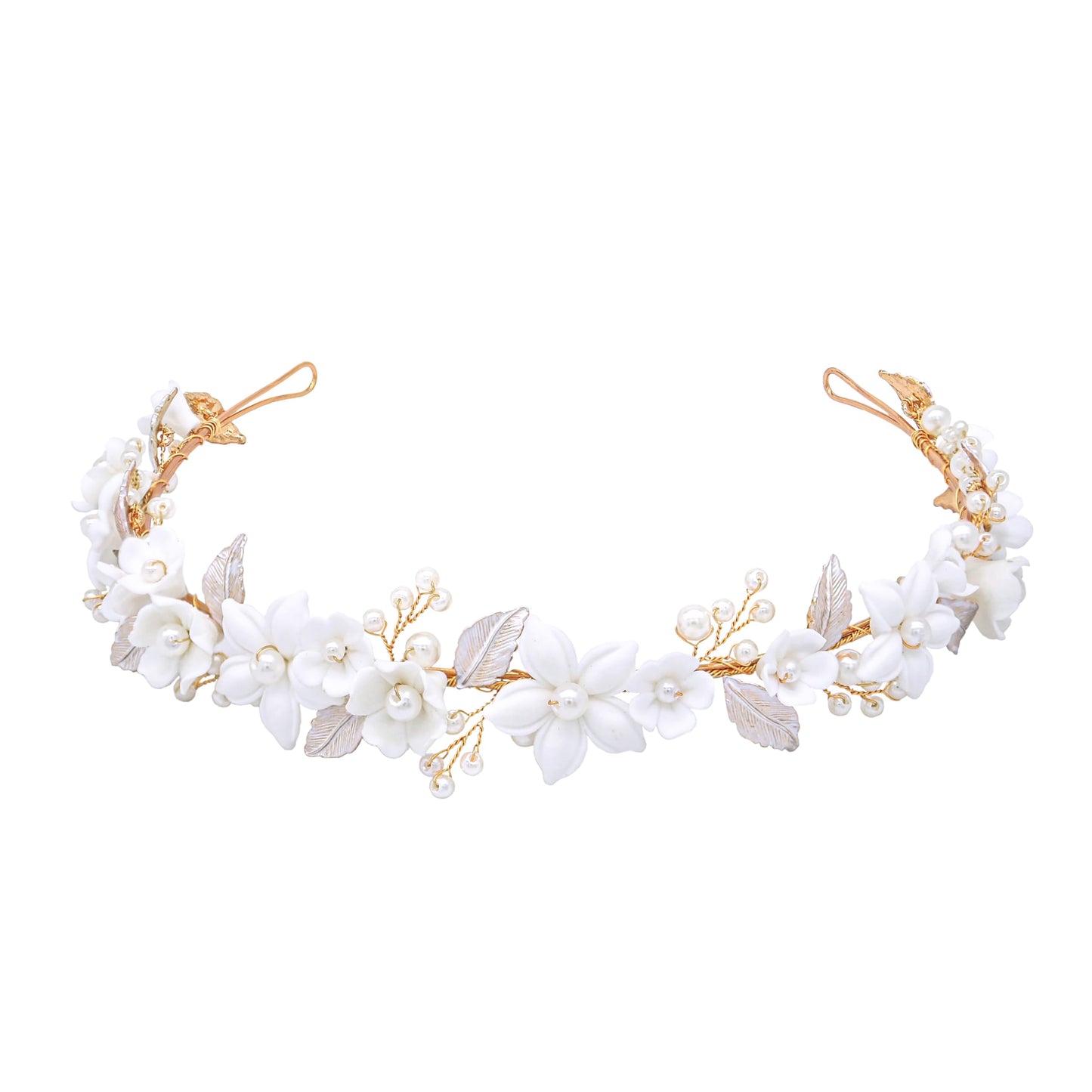 Oriamour Wedding Headbands With Ceramic Flowers Bridal Wedding Headpieces For Women Girls Pearls Headband With Leaves Desgin (Gold)