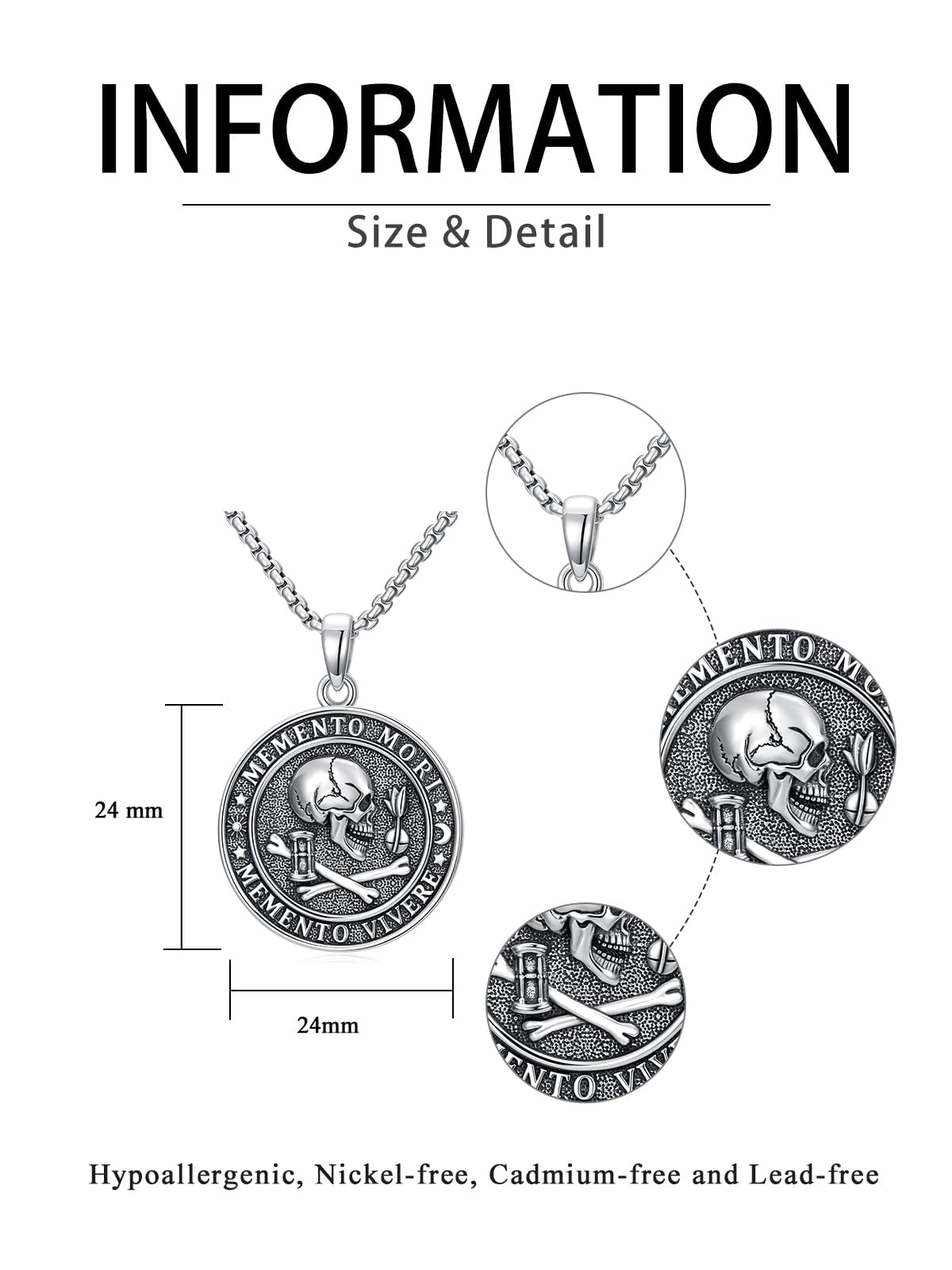 POIUY Memento Mori Necklace for Men Gothic Skull Pendant Stoicism Mori Jewelry Tree of Life Amulet Protection Gifts for Men Women 22+2 Inch Chain