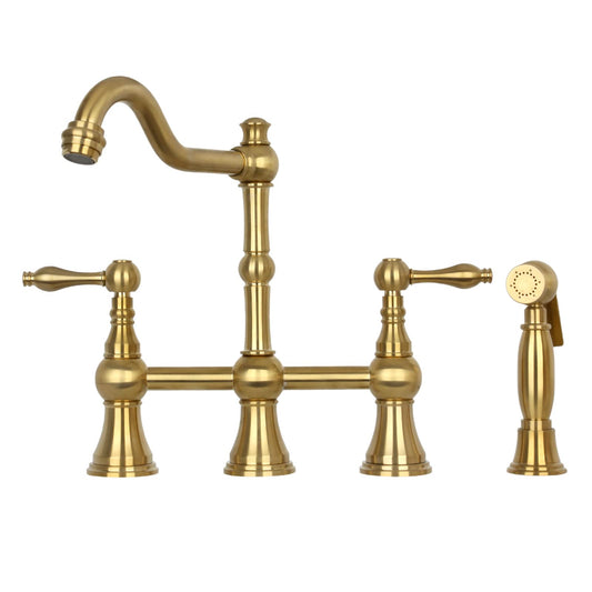 Akicon Two-Handles Bridge Kitchen Faucet with Side Sprayer (Brushed Gold)