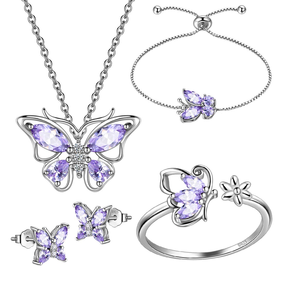 Hipunk Butterfly Blue Jewelry Sets Birthstone Women 925 Sterling Silver June-Alexandrite Birth Stone Animal Butterflies Jewelry Sets/Earring/Ring/Bracelet Set Crystal Birthday Jewelry SS0003U