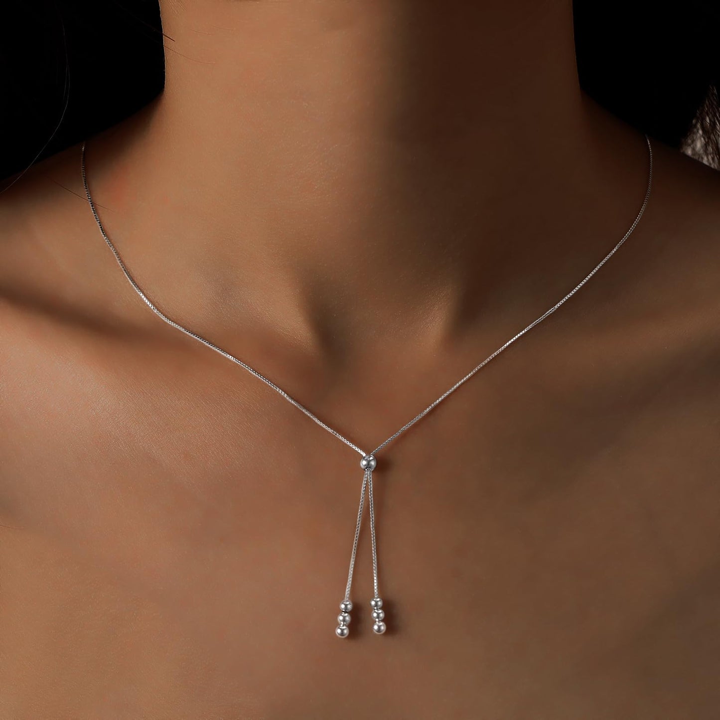 UTISUVIKO Lariat Gold Necklace for Women S925 Sterling Silver Dainty Layered Bead Necklaces Adjustable Y-Shaped Tassel Round Beaded Pendant Long Chain Necklace for Wedding Mother's Day Jewelry(Silver)