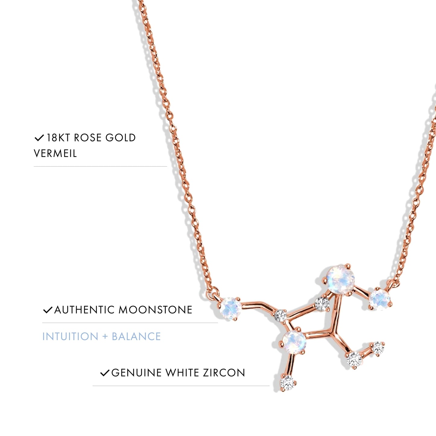 Moon Magic Moonstone Necklace - Virgo Zodiac Constellation / 925 Sterling Silver - 18k Rose Gold - Yellow Gold Rainbow Moonstone Necklaces for Women/Authentic Rainbow Crystal Jewelry