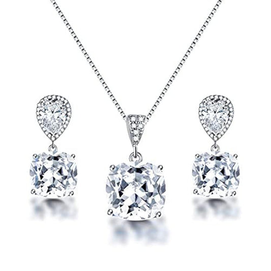 AMYJANE Wedding Jewelry Set for Bridesmaids - Elegant Sterling Silver Teardrop Clear Cubic Zirconia Crystal Rhinestone CZ Necklace Set for Bride Bridal Jewelry for Mother of Bride