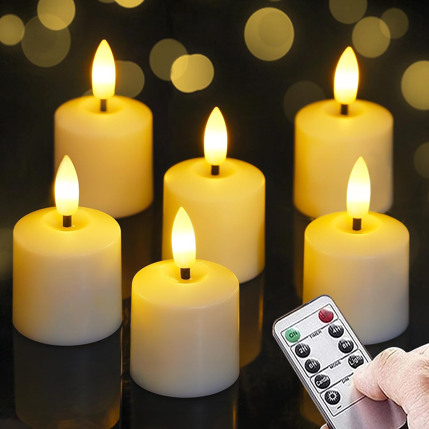 Mavandes Small Flickering Tea Light Flameless Candles with Battery and Remote,1.5" x2.5"" Ivory LED 2/4/6/8H Timer Votive Battery Operated Pillar Plastic Long Lasting 6pcs Tealight Candles"