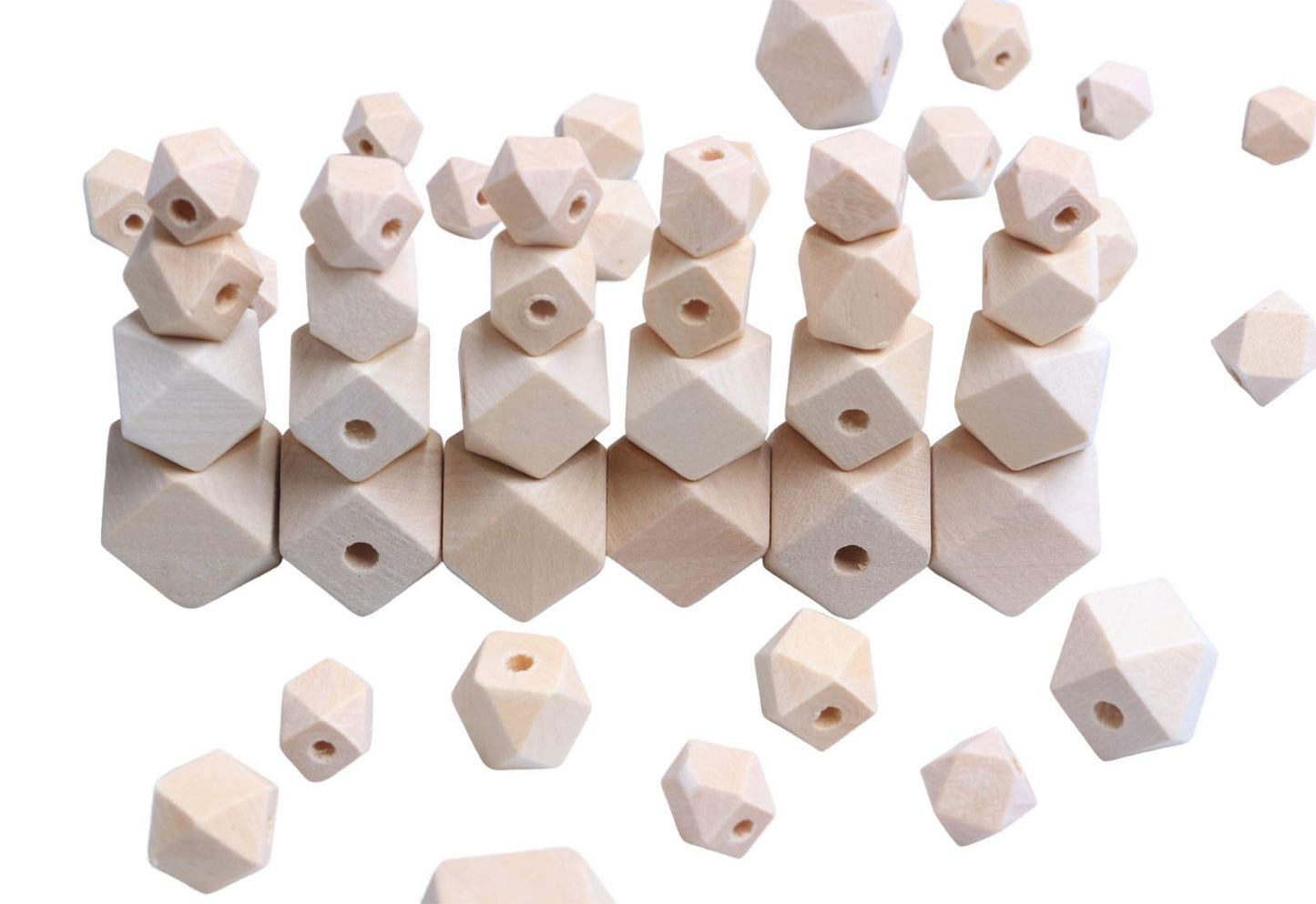 100Pcs Natural Geometric Polygon Wood Beads, Unfinished Wooden Loose Spacer Beads for Bead Crafts Making Home Farmhouse Decoration 4 Sizes (10mm 12mm 16mm 20mm)