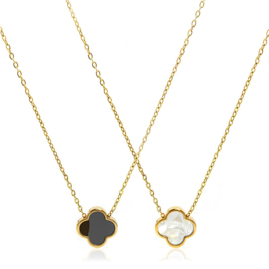 Aimétte Monette 18K Gold Plated Necklaces for Women, Dainty Lucky Four Leaf Clover Gold Necklace Set 2 Side Clover Charm Necklace, Fashion Jewelry Gifts for Women Black and White