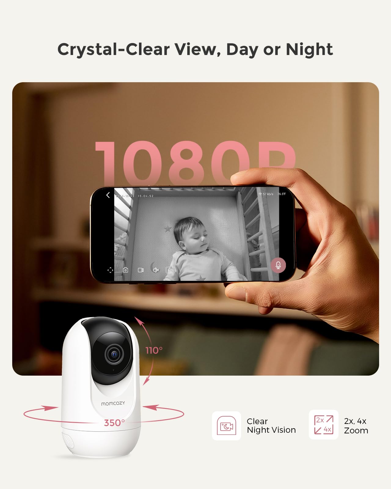 Momcozy Smart WiFi Baby Monitor with Camera and Audio, 5" 1080P Screen with Wall Mount, Motion & Cry Detection, Safe Fence, Clear Night Vision, 5000mAh Battery, 2-Way Talk, Photo & Video Recording
