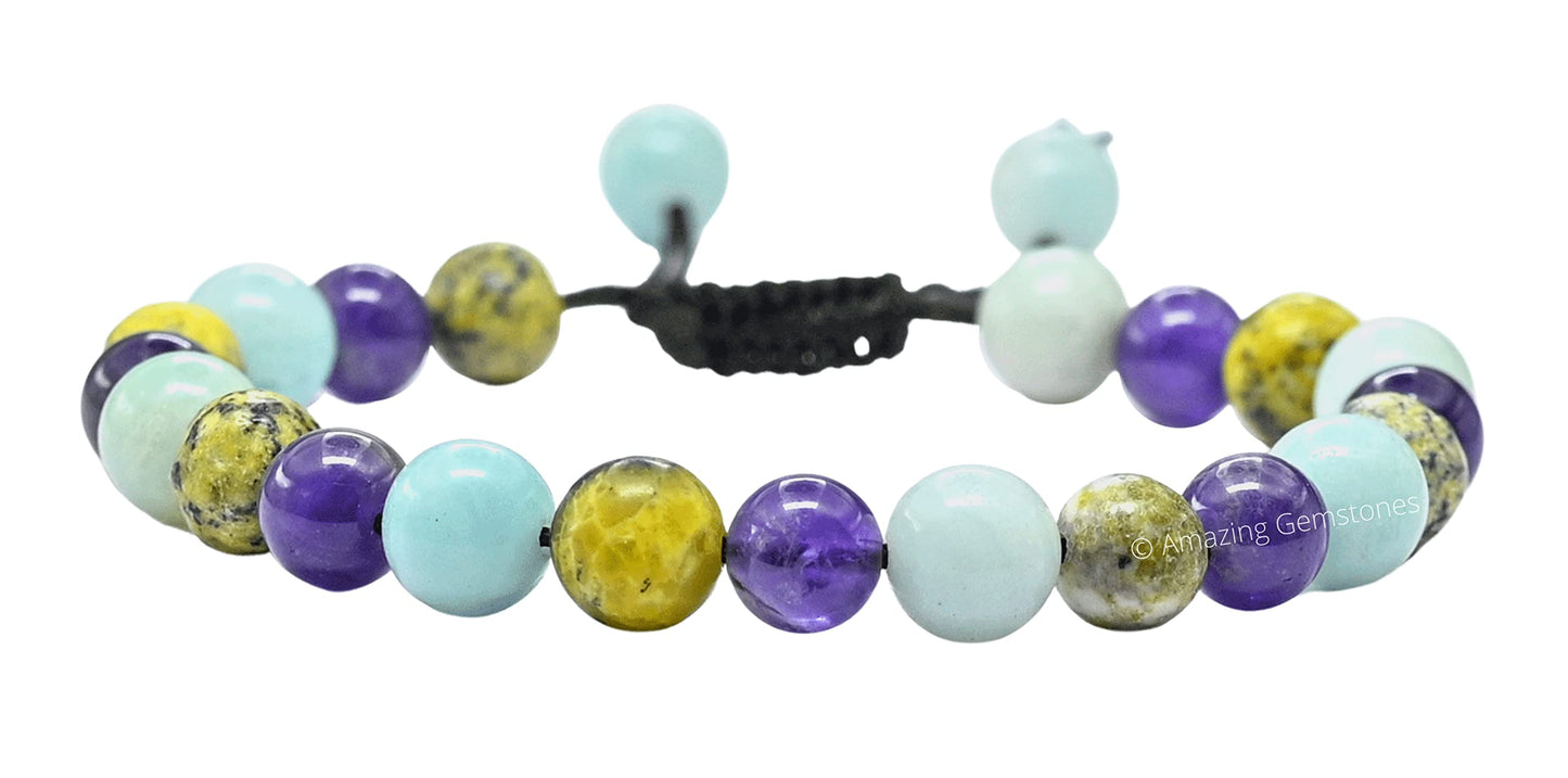 Amazing Gemstone Bracelet for Headaches and Migraines - Amazonite Serpentine Amethyst Bracelet Set for Men Women Healing Calming Anxiety Stress Relief Gifts Pulseras Para Hombres Mujer (Adjustable)