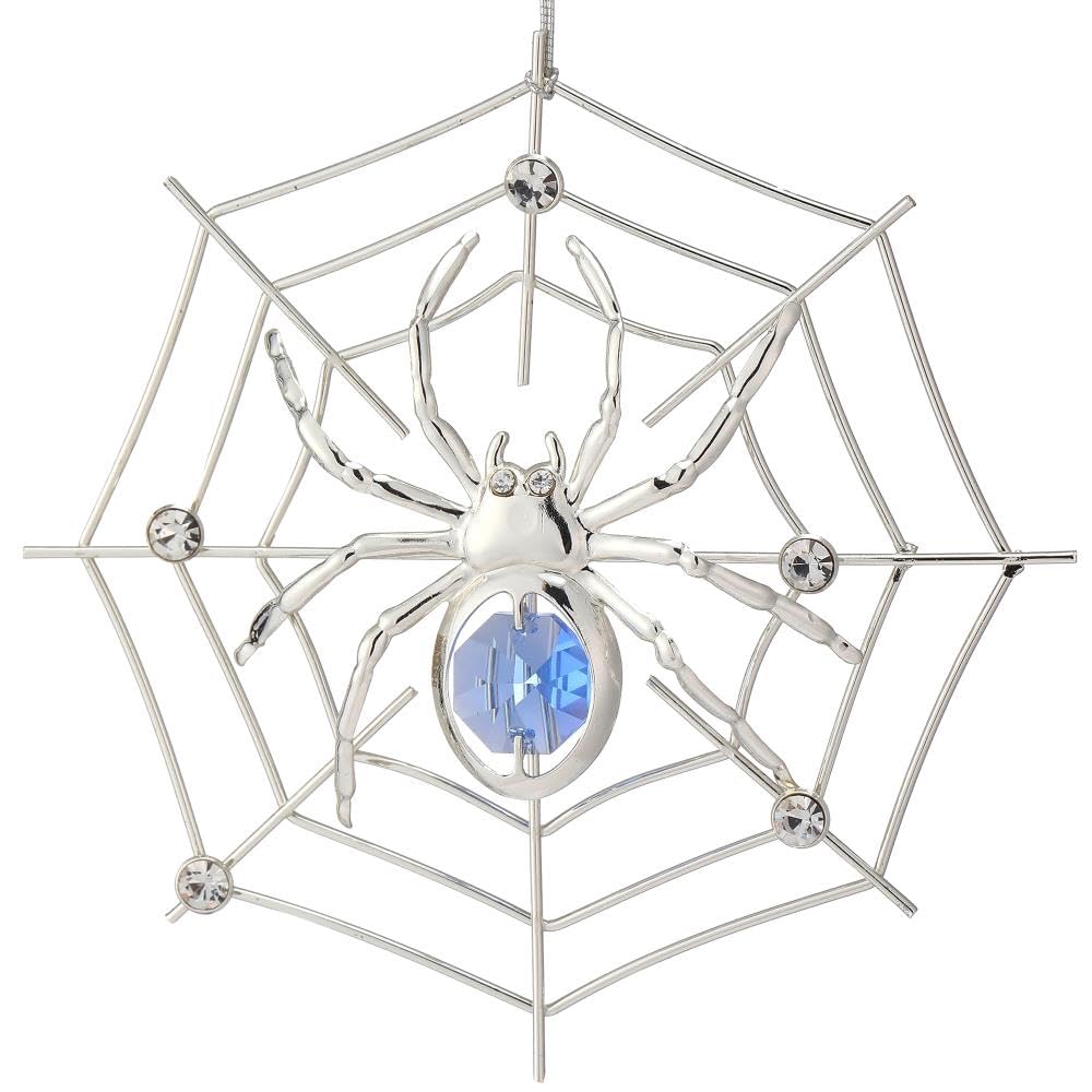 Matashi Silver Plated Christmas Tree Spider Ornament w Blue, Clear Crystals Lucky Hanging Decoration, Holiday Ornament Gift, Unique Spider Decor for Christmas & Halloween Party w Tinsel Legend Story