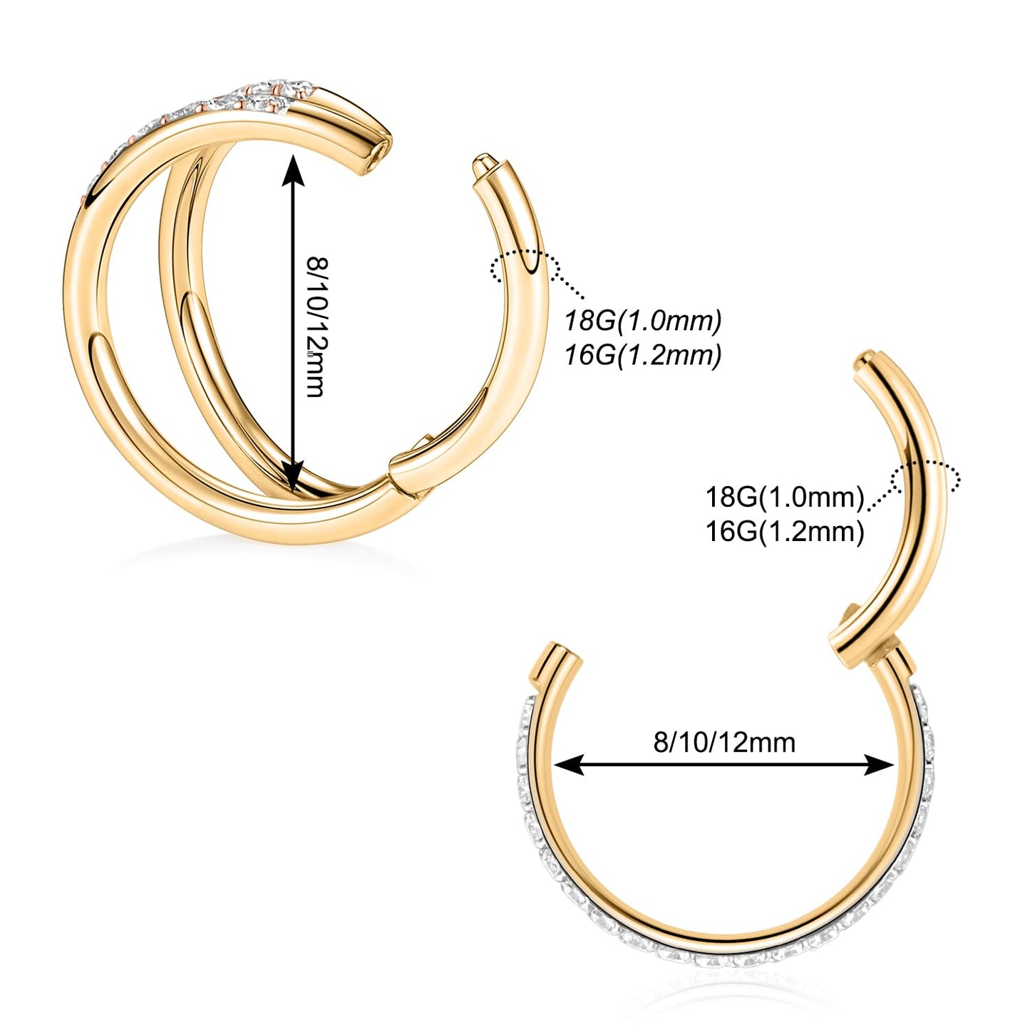 Nose Hoop Gold Double Hoop Septum Ring with CZ Septum Jewelry Surgical Steel Conch Piercing Jewelry Nose Earrings 16g Septum Clicker Lip Rings Helix Earring 12mm Conch Piercing Cartilage Earring