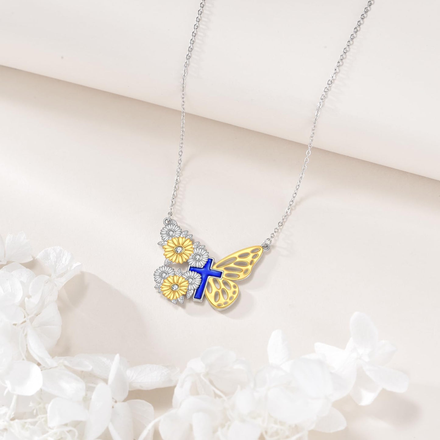 YFN Butterfly Cross Necklace Sterling Silver Sunflower Cross Pendant Necklace Christian Jewelry for Women Catholic Gifts for Women