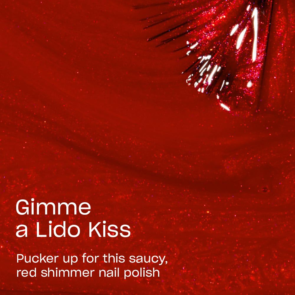 OPI Nail Lacquer Gimme a Lido Kiss | Opaque Bright Red Shimmer Chip Resistant Nail Polish | Fast Drying, Streak Free