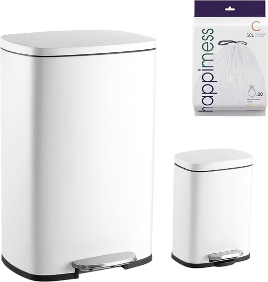 happimess HPM1006C Connor Rectangular 13-Gallon Trash Can with Soft-Close Lid and Free Mini Trash Can, Fingerprint Resistant, Modern, Minimalistic for Home, Kitchen, Office, Bathroom, White
