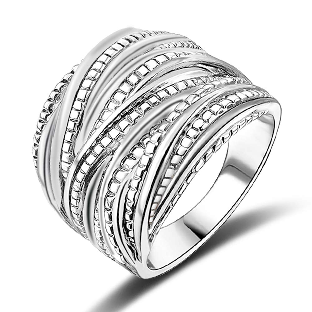 Mytys 2 Tone Intertwined Crossover Statement Ring Fashion Chunky Band Rings for Women Black Gold Silver Rose Gold Plated Wide Index Finger Rings Costume Jewelry (silver size 9)