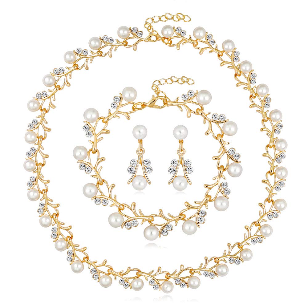 tenghong2021 Fashion Classic Faux Pearl Jewelry Set Necklace Bracelet Earrings for Women Best Gift (Gold Leaf)