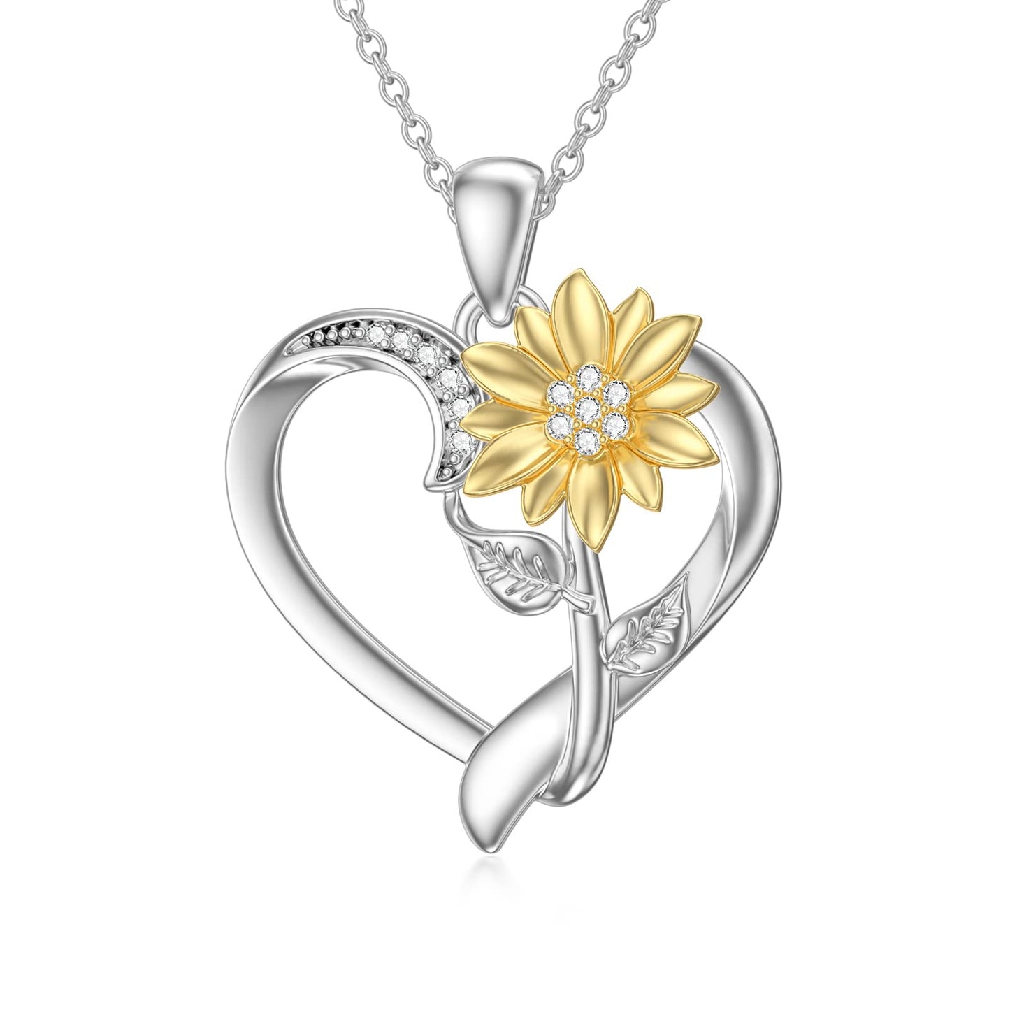 ZBA Diamond Sunflower Necklace for Women Sterling Silver Heart Pendant Jewelry, Anniversary Valentines Mothers Day Gifts for Mom Mother Girlfriend Her Sunflower Lover
