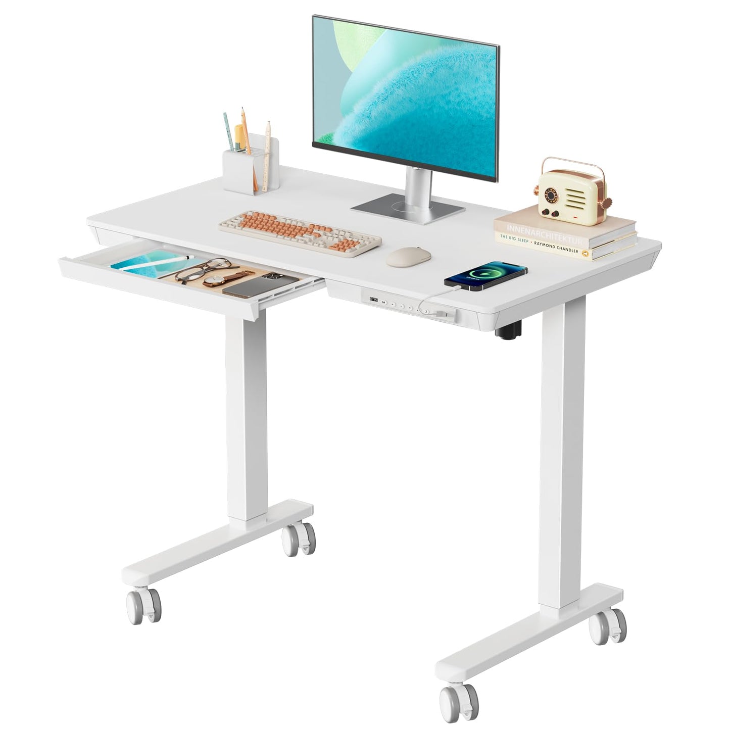 JYLH JOYSEEKER Small Standing Desk with Drawer, 35" x 20" Whole Piece Tabletop Electric Sit Stand Desk, Height Adjustable Desk with Storage & USB Ports, Quick Install Home Office Computer Desk, White