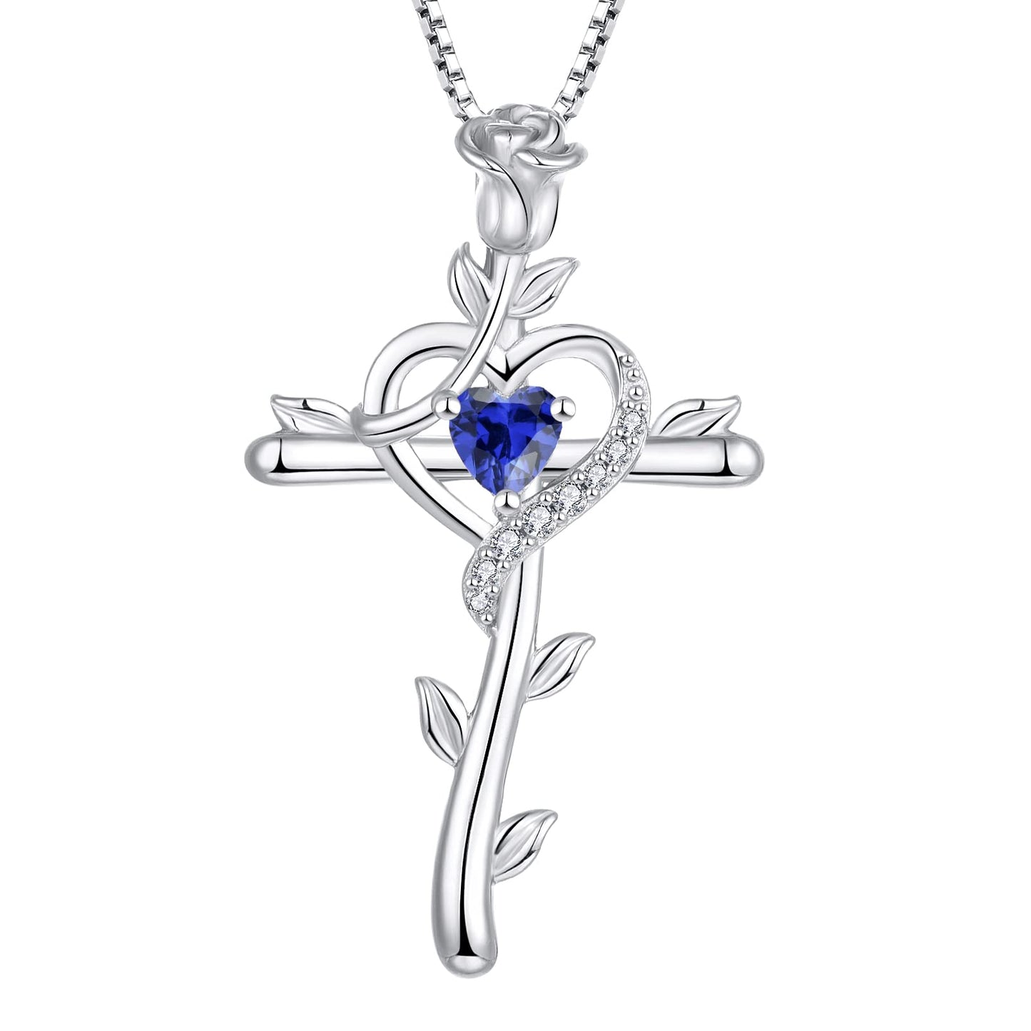 STARCHENIE Rose Cross Necklace 925 Sterling Silver Heart Crucifix Pendant Created Tanzanite Jewelry for Women