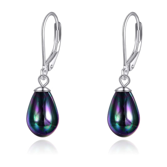 925 Sterling Silver Black Pearl Leverback Earrings Dangle Drop Jewelry Gifts for Women (Teardrop Black Pearl)