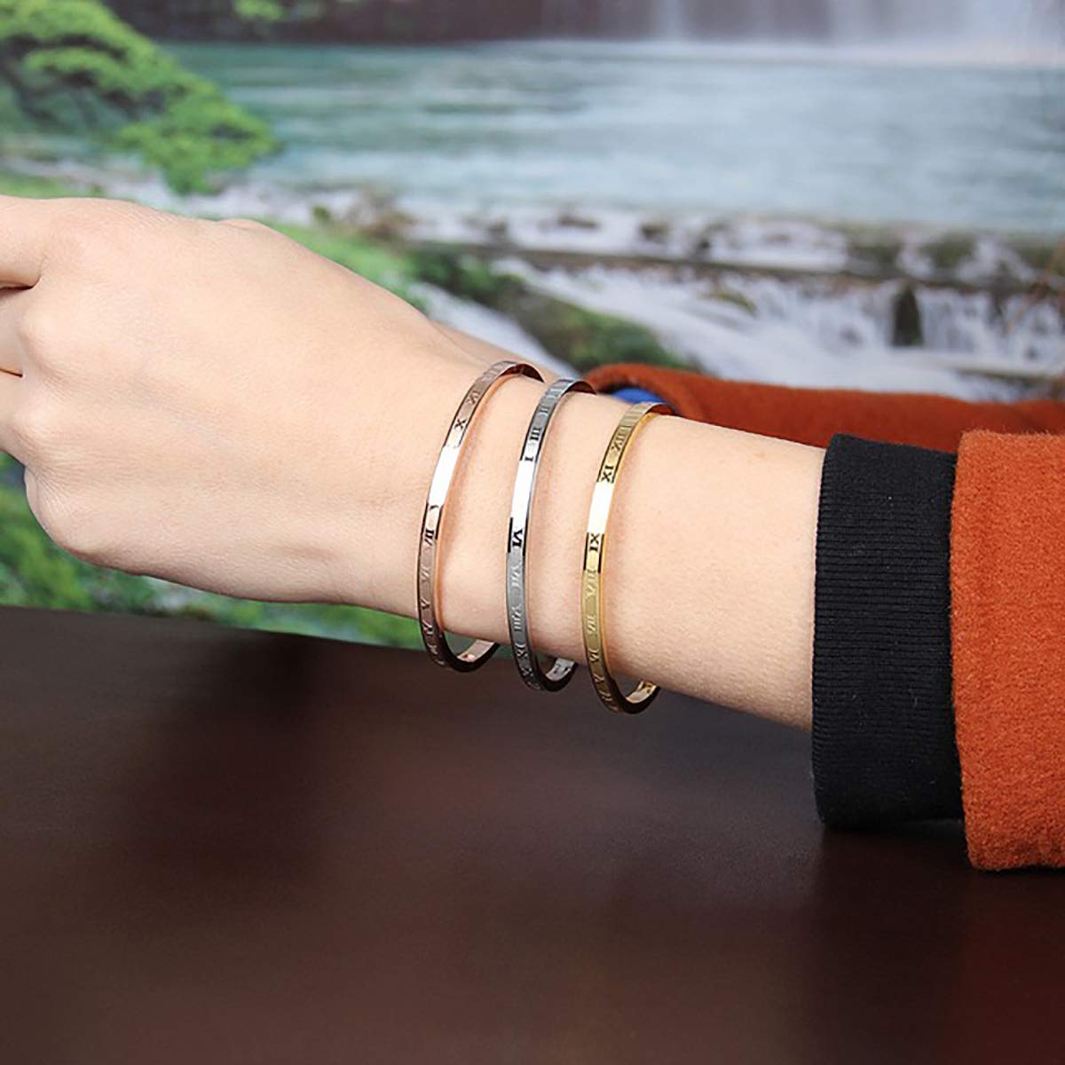 Jarlinwel Gold Silver Plated Bracelets for Men Women Roman Numeral Bangle Bracelet Stainless Steel Personalized Engraved Unisex Gift (4mm Womens 3 Color Set)