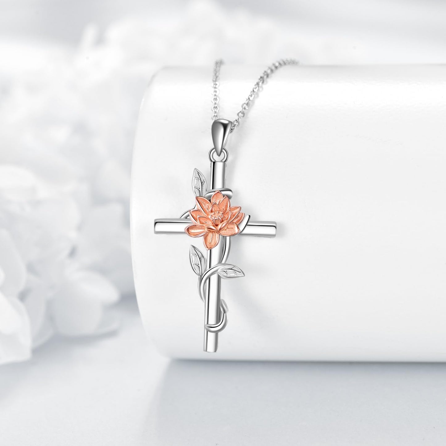Lotus Flower Necklace 925 Sterling Silver Lotus Flower Cross Necklace Birth Flower Jewelry for Women (Lotus)