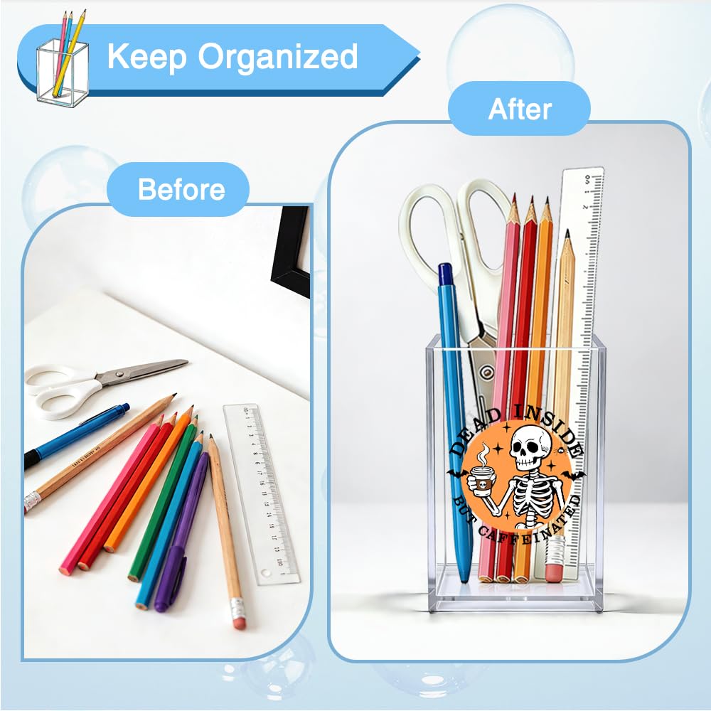 WHTYEFZ Dead Inside But Caffeinated Acrylic Organizer Pencil Pen Holder, Skeleton Coffee Acrylic Desk Organizer, Funny Office Gifts for Coffee-Addicted Coworker Boss, Dark Humor Gifts for Student