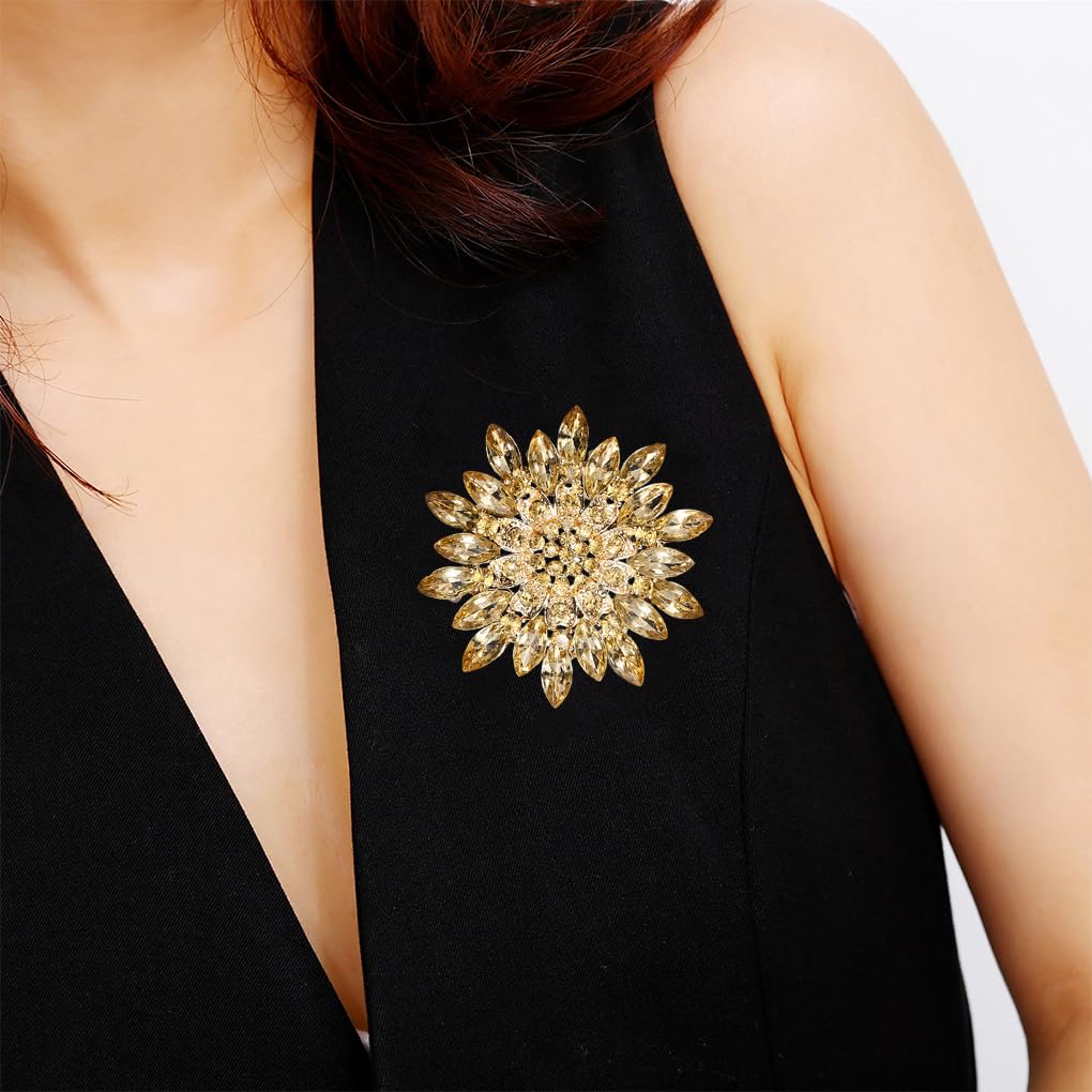 Rhinestone Large Flower Brooches Pins for Women Fashion Sparkly Crystal Sunflower Statement Brooch Unique Wedding Party Suit Dress Jewelry Accessories (Yellow)