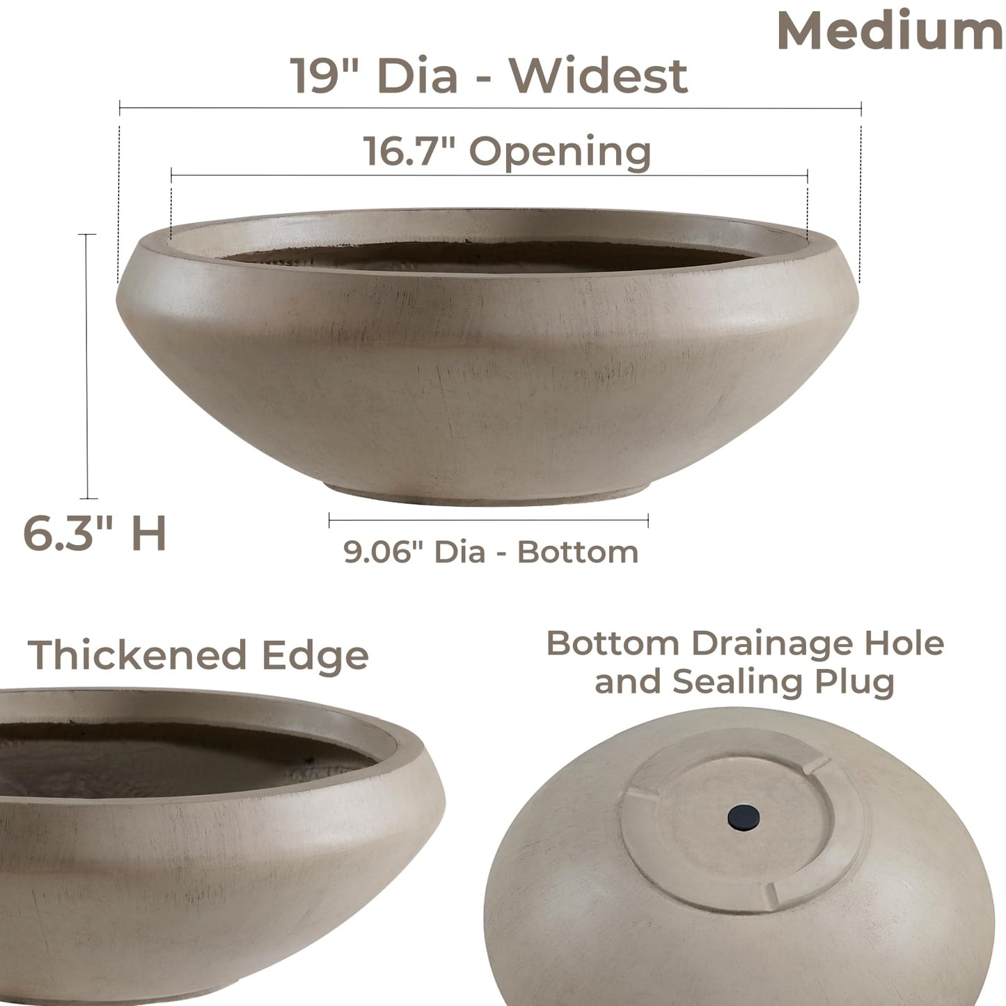Bowl Planter 19" Dia x 6.3" H Large Succulent Pot with Drain Hole, 16.7" Opening Concrete Flowerpot for Indoor Outdoor Plants Herbs Bonsai, Round Planters for Home, Patio, Garden, Medium-Natural