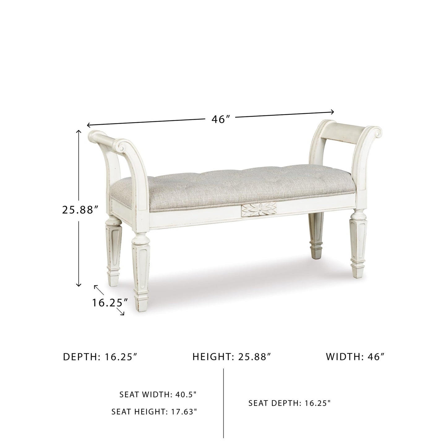 Signature Design by Ashley Realyn French Country Upholstered Tufted Accent Bench with Foam Cushion and Scrolled Arms, Wood Frame, 25.88" High, Antique White