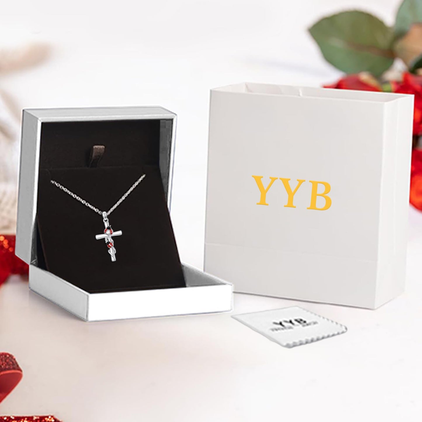 YYB Cross Necklace Valentines Gifts for Women 925 Sterling Silver Ladybug Necklace Ladybug Cross Pendant Gifts for Women