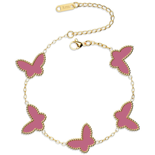AICase 18K Gold Plated Clover Bracelet Dupes Pink Bracelet Set for Women Butterfly Flower Leaf Lucky Clover Bracelets Trendy Jewelry Birthday Gifts for Women/MoM/Friends_Pink