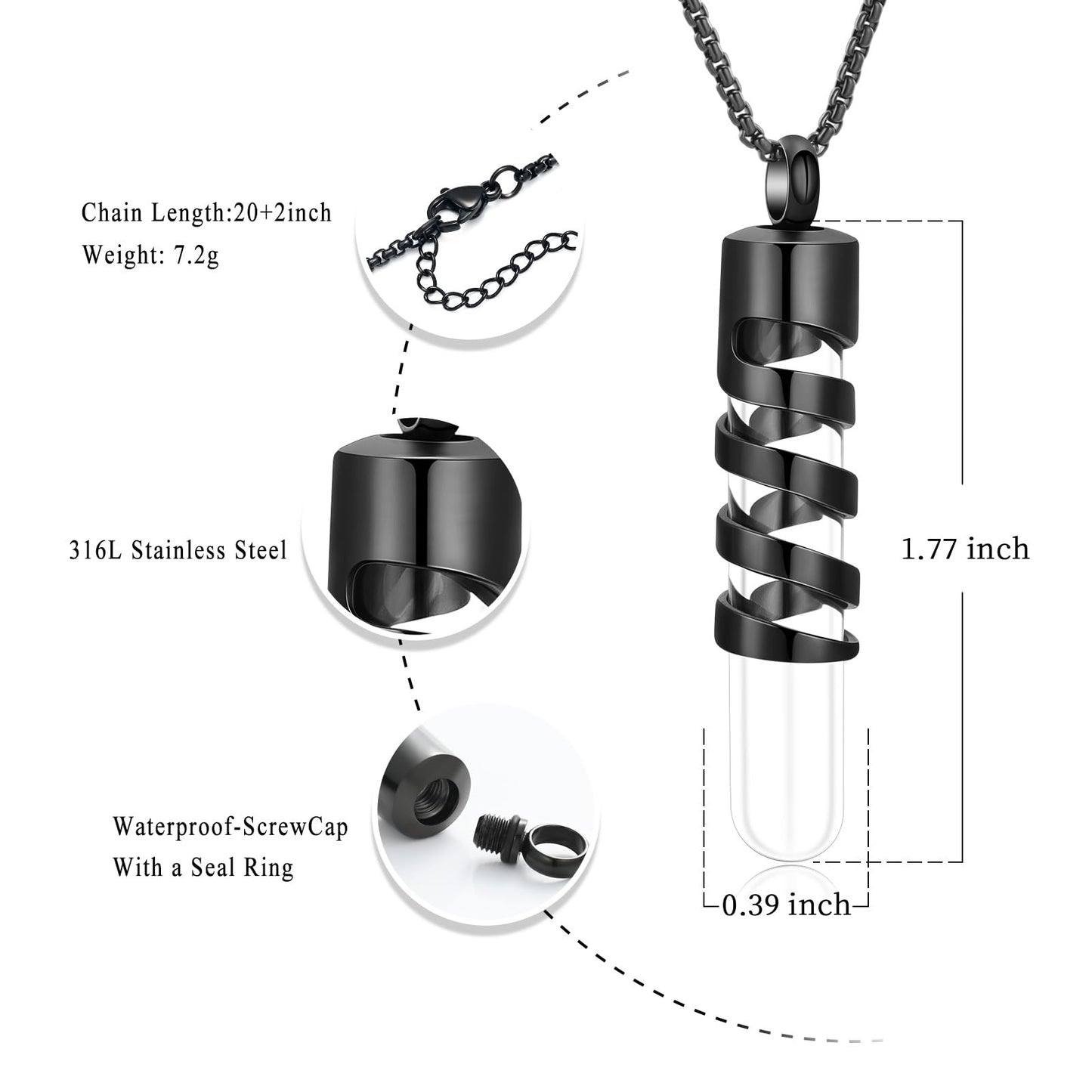 Oinsi Clear Glass Tube Cremation Jewelry for Men Women Ashes Holder Necklace Keepsake Cylinder Memorial Pendant Angel wings Urn Necklace (Black)