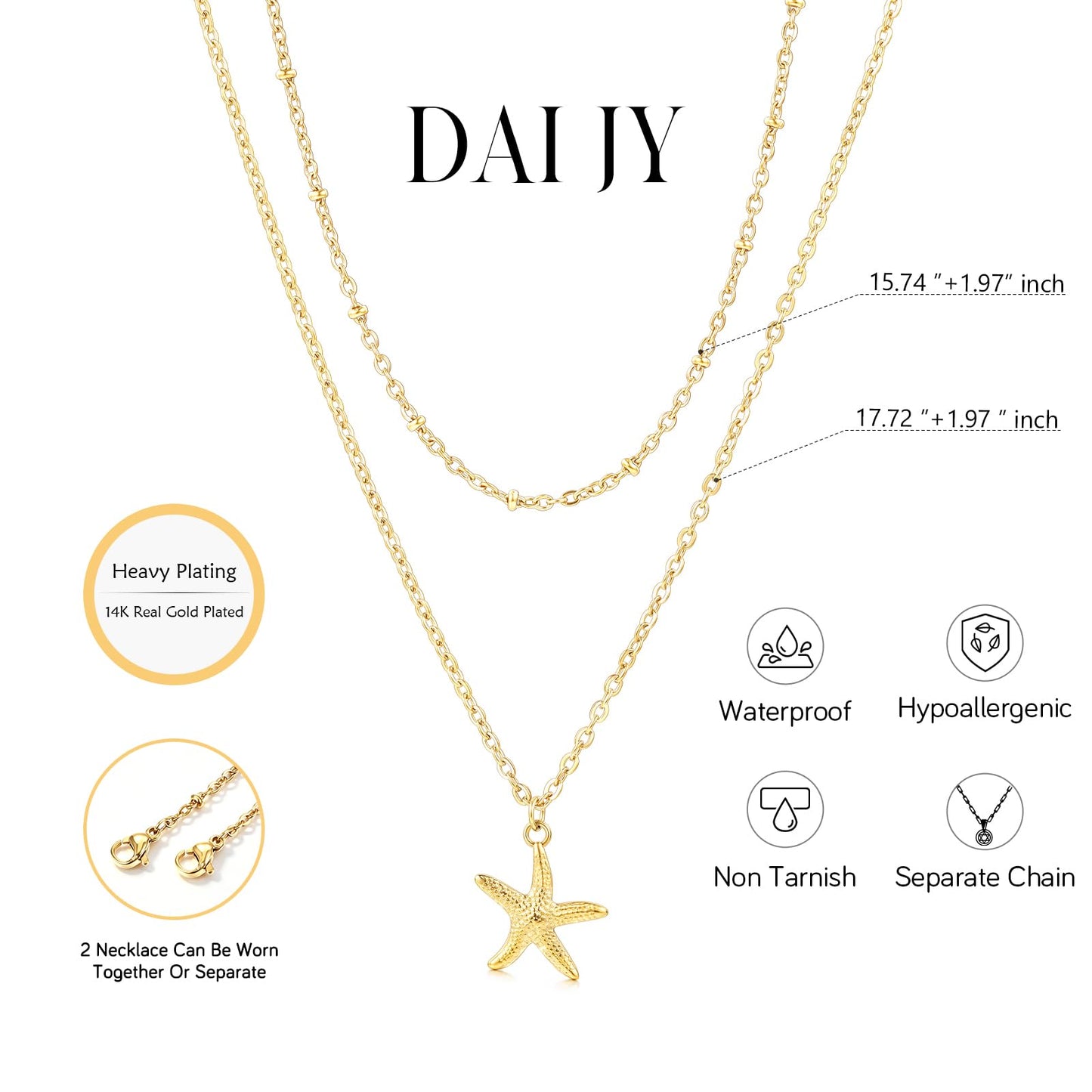 Starfish Necklace Beach Summer Layered Necklaces for Women Non Tarnish Waterproof 14K Gold Plated Necklace Stack Dainty Choker Beaded Chain Cute Star fish Pendant Ocean Charm Trendy Summer Beach Vacation Jewelry Gift (2pcs-Starfish Necklace)