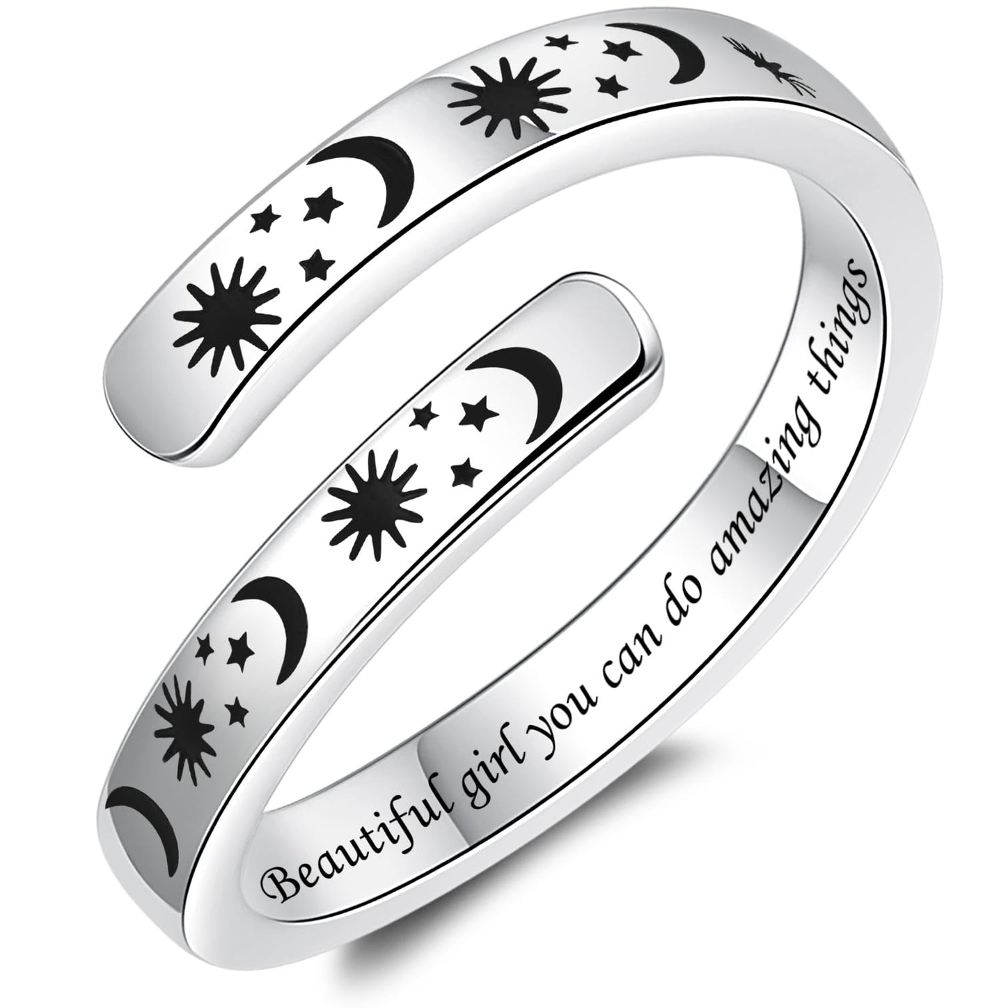 925 Sterling Silver Inspirational Jewelry Adjustable Wrap Open Ring Encouragement Gift for Women (Sun & Moon - Beautiful * you can do amazing things)