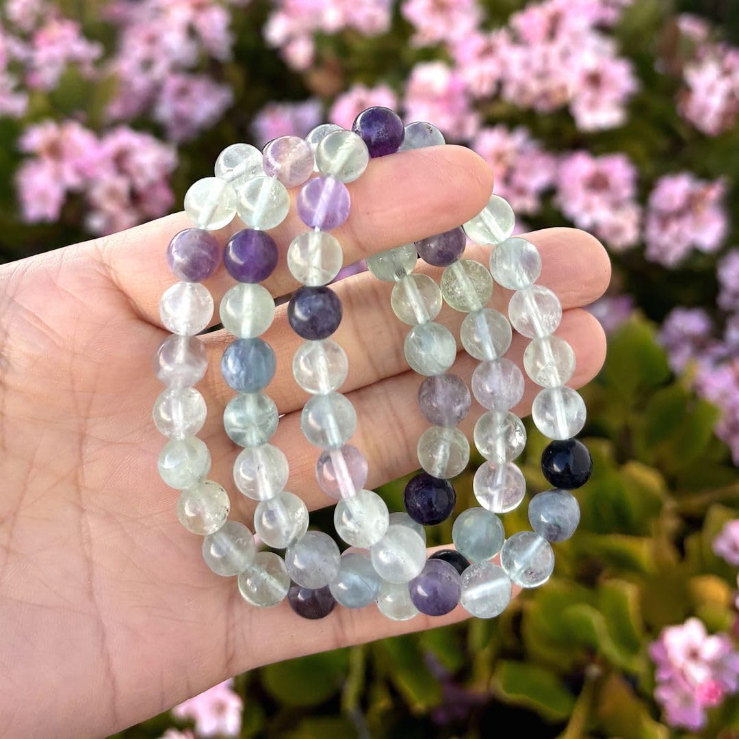 Adabele Real Natural Multicolor Fluorite Gemstone Beaded Bracelet 8 inch Stretch Chakra Healing Crystal Stone Jewelry Women Mom Gift GB8-C2
