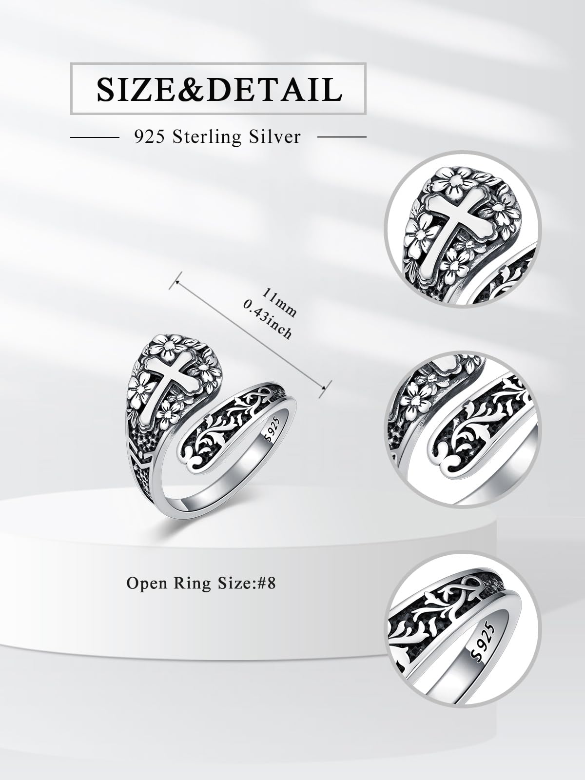 Midari Spoon Rings for Women 925 Sterling Silver Cross Flower Rings Adjustable Oxidized Vintage Flower Faith Finger Thumb Rings Cross Flower Faith Jewelry for Women Daughter Birthday Christmas Gifts