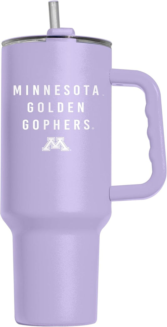 Logo Brands NCAA Minnesota Golden Gophers Lavender 40 oz Tumbler with Handle - Stylish Everyday Use Powder Coated-Stainless Steel with Straw- Keeps Cold For Hours