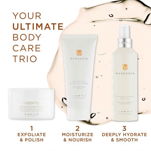 Zents Body Lotion and Cashmere Oil Set (Mandarin), Anti-Aging Probiotic Lotion, Soften and Moisturize Skin with Organic Coconut Oil, Moisturize and Nourish Dry Skin, Powerful Healing Duo