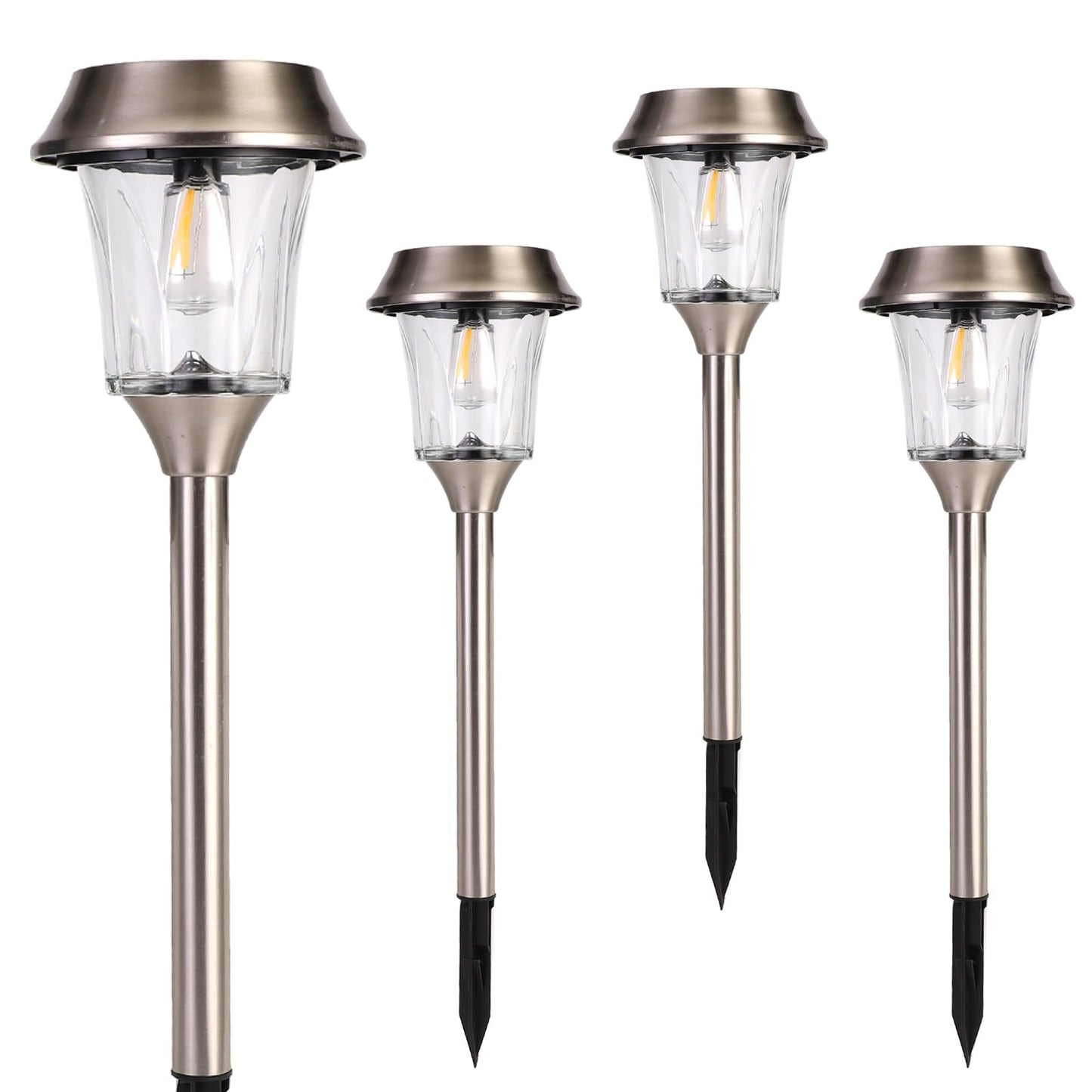 Solar Pathway Lights Outdoor 4 Pack, Stainless Steel & Glass Solar Garden Lights, Auto Dusk to Dawn IP65 Waterproof LED Path Lights for Yard, Lawn, Walkway, Driveway