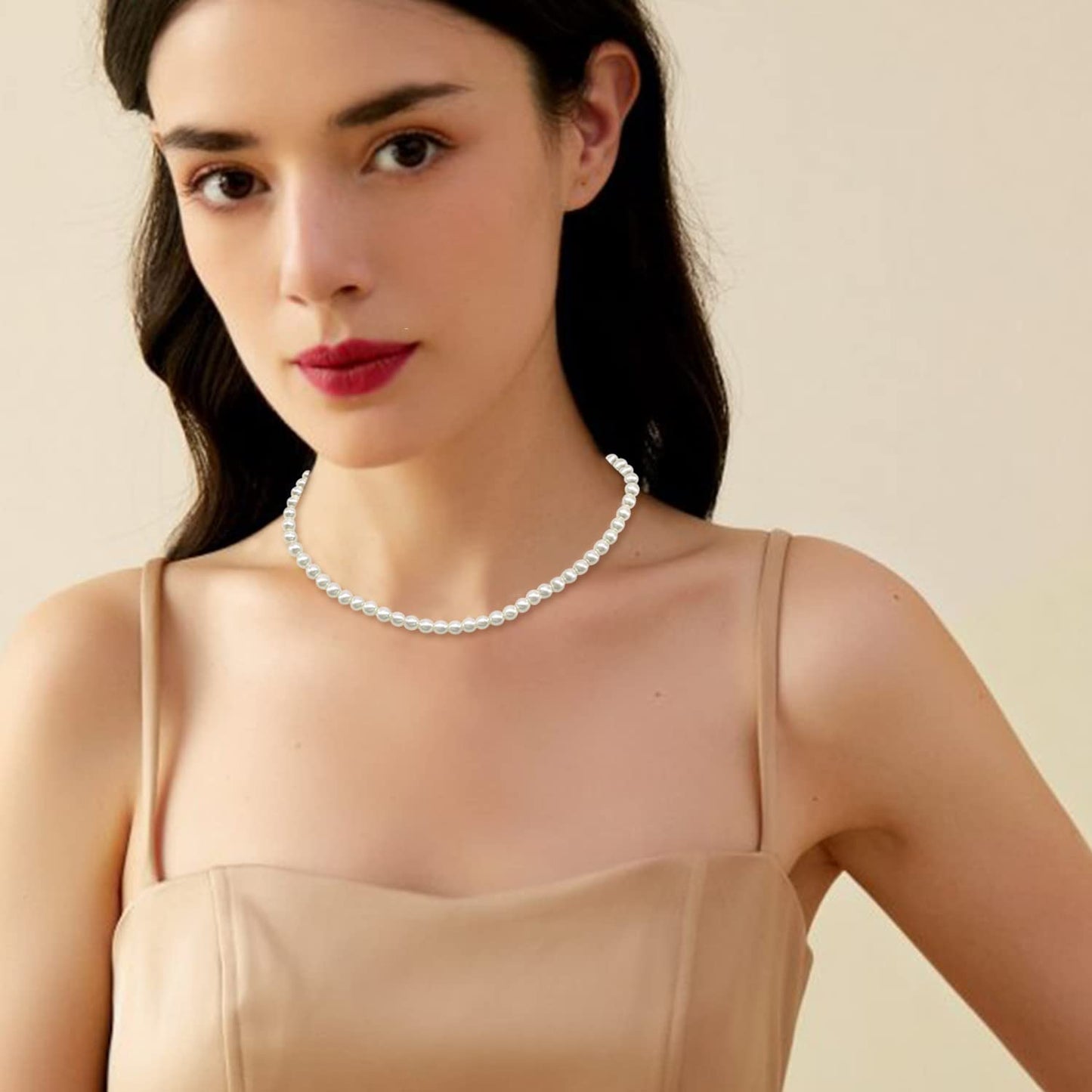 Cryshimmer Pearl Choker Necklace for Women Faux Pearl Beads Strand Pearl Necklaces Wedding Brides Costume Jewelry,6MM