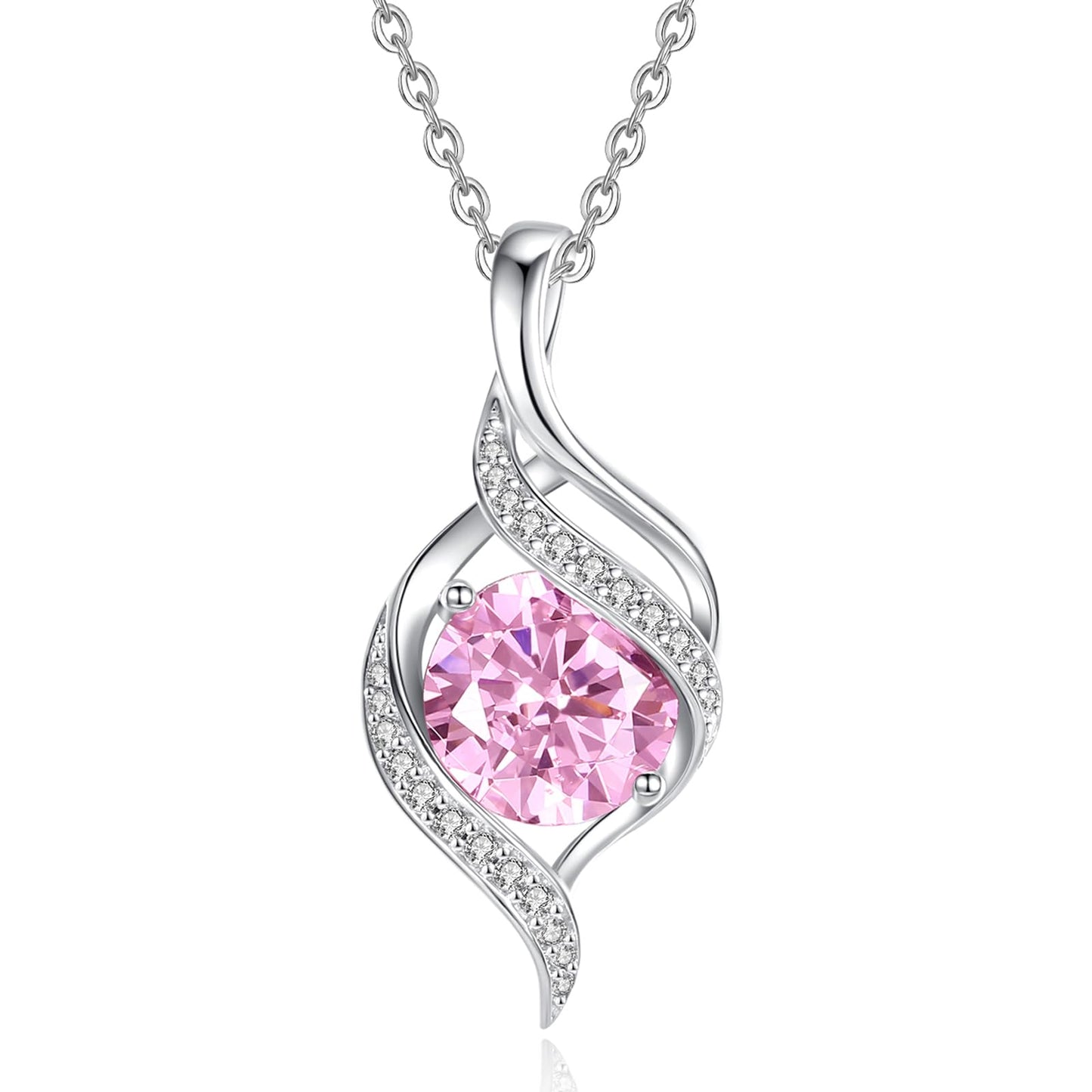 FANCIME October Birthstone Necklace for Women Round Pink Tourmaline Necklace S925 Sterling Silver full Love Birthday Gifts for Mom Women, 16"+2" Inches