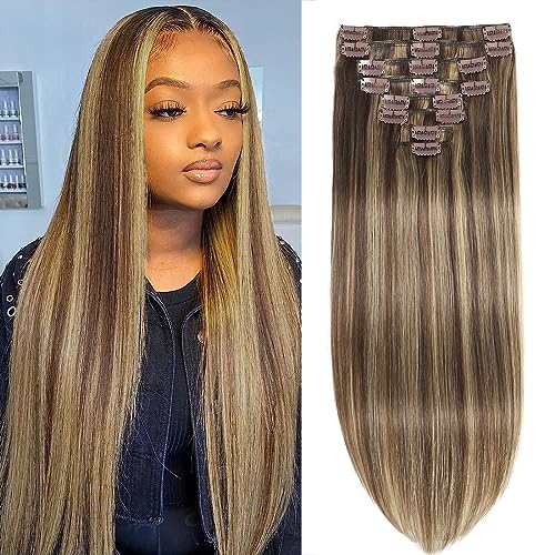 Balayage Chocolate Brown to Caramel Blonde Clip in Hair Extensions Real Human Hair Clip ins Remy Invisible Natural Straight Seamless Clip on Hair Extensions 8pcs Double Weft 22 Inch 90g