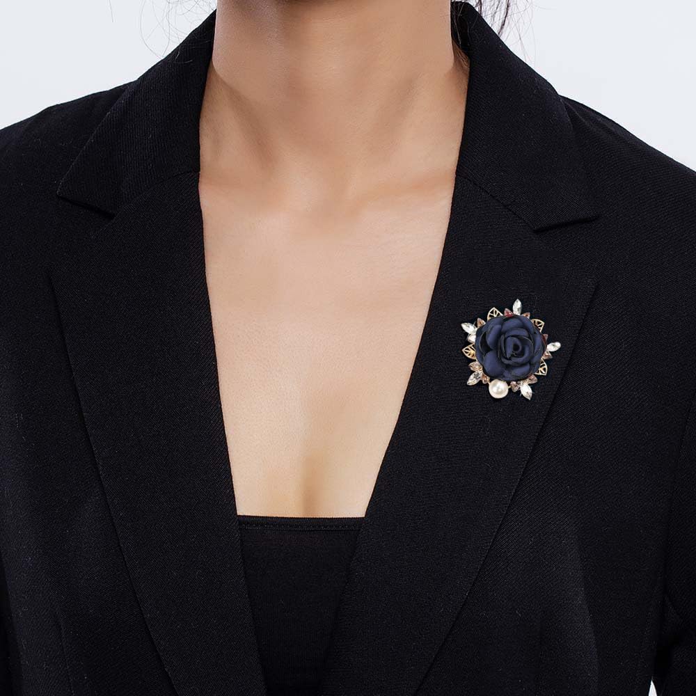 Elegant Rose Flower Brooch Pin for Women Men Wedding Party Gentleman's Essentials Handmade Imitation Crystal Pearl Fabric Flower Lapel Pin Dress Suit Accessories Boutonniere Ideas (Blue)