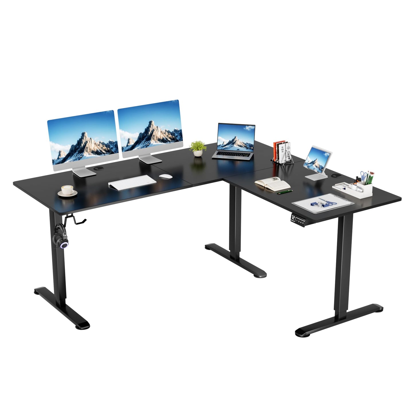 Shahoo L-Shaped Corner Standing Desk, Electric Height Adjustable Table, Home Office Workstation, 63 x 55 Inch, Black