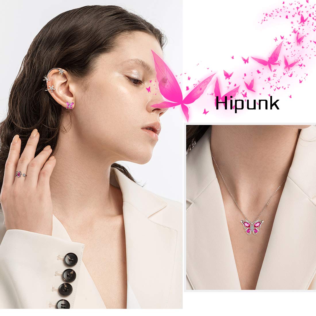 Hipunk Butterfly Red Jewelry Sets Birthstone Women 925 Sterling Silver July-Ruby Birth Stone Animal Butterflies Jewelry Sets/Earring/Ring Set Crystal Birthday Jewelry SS0002R