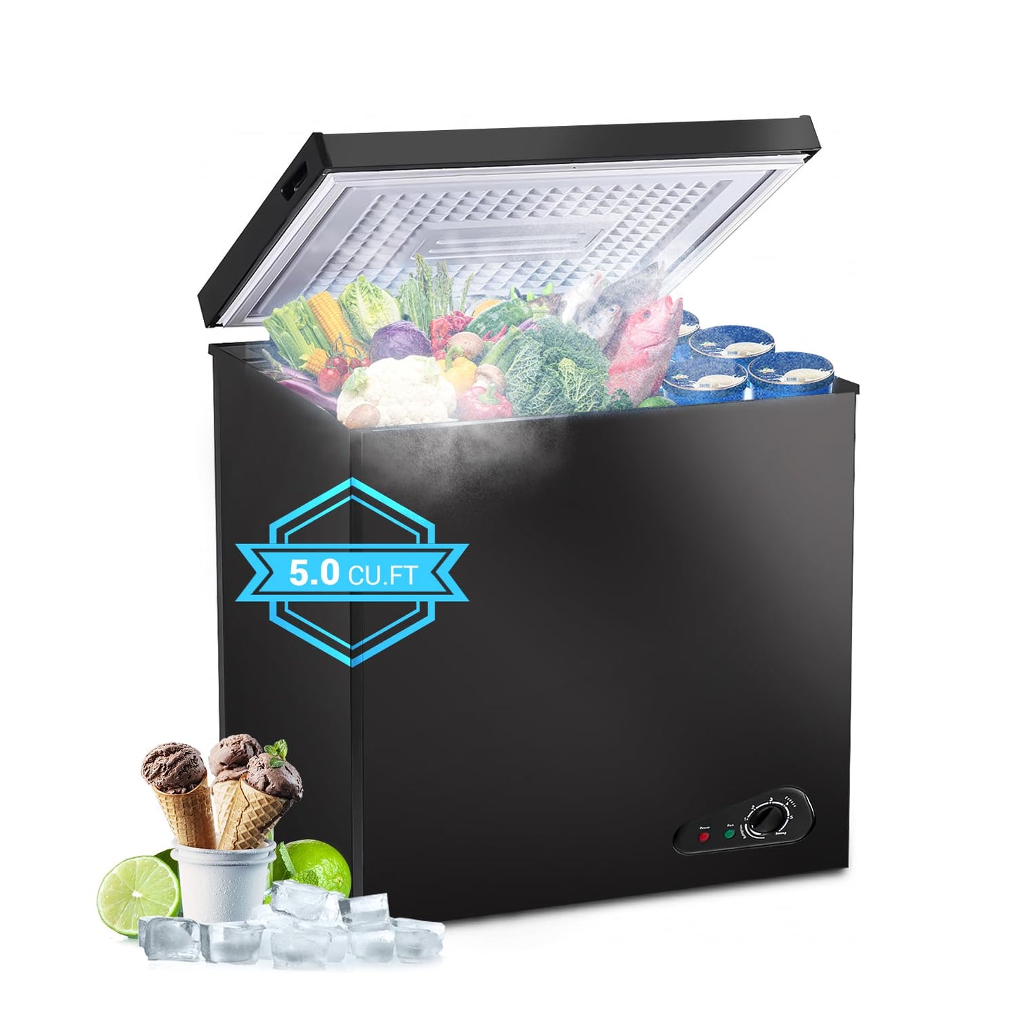 Compact Chest Freezer, 5.0 Cu Ft Deep Freezer with Removable Storage Basket, Mini Freezer with 7 Temperature Levels Thermostat, Black Top Open Door Freezer Ideal for Home, Kitchen & Office